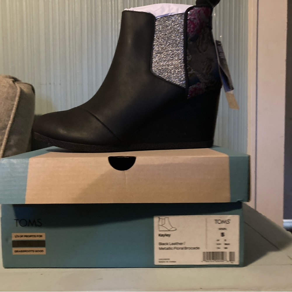 TOMS Black and Silver Wedge Ankle Boots
